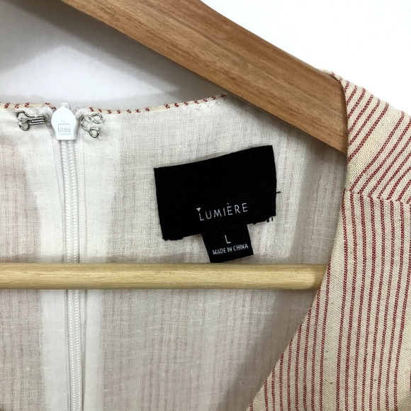 LUMIERE Wrap Dress NWT Ruffle Red Natural Beige Stripe Tie Waist Large - Picture 4 of 10